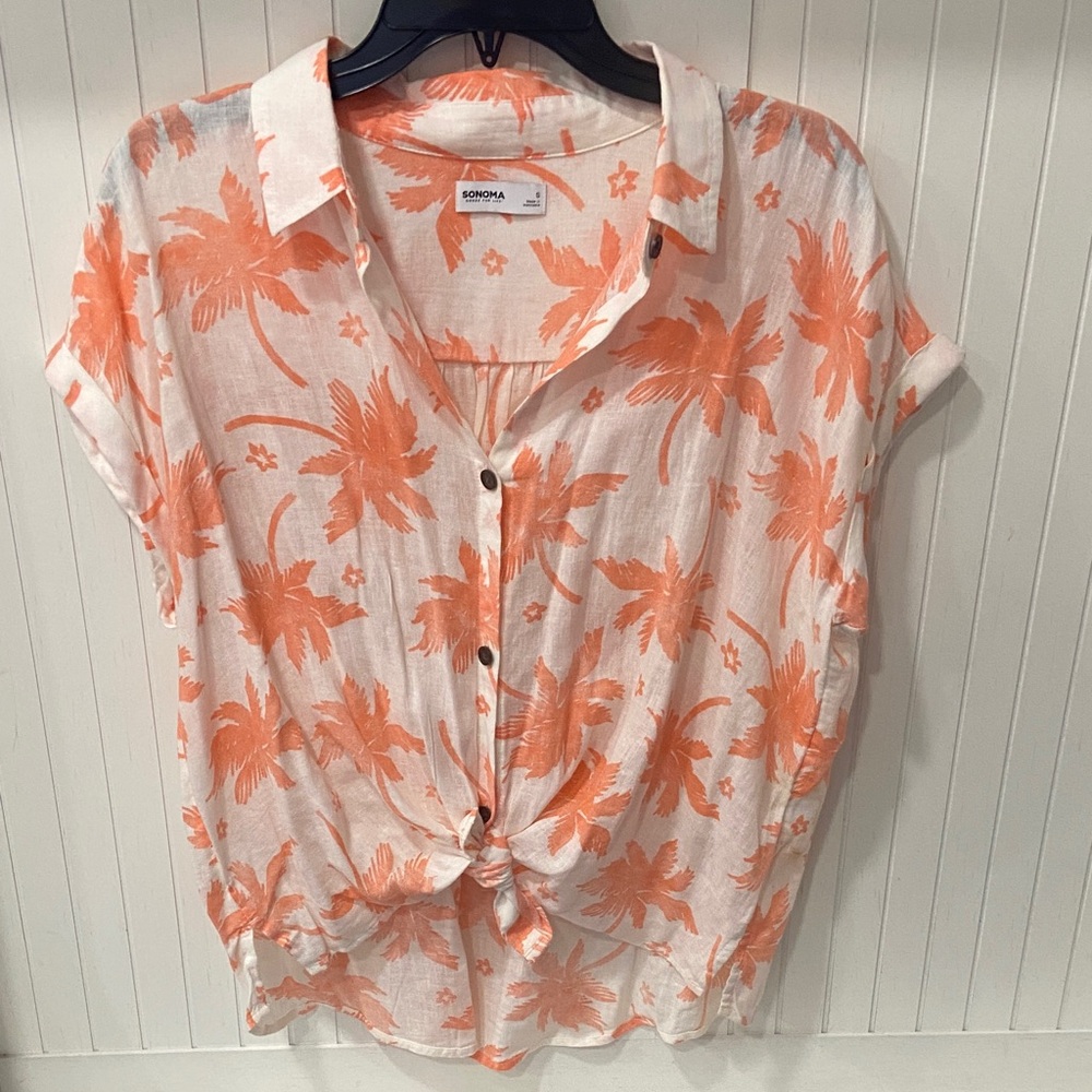 Sonoma Women's White and Orange Floral Button Down Shirt